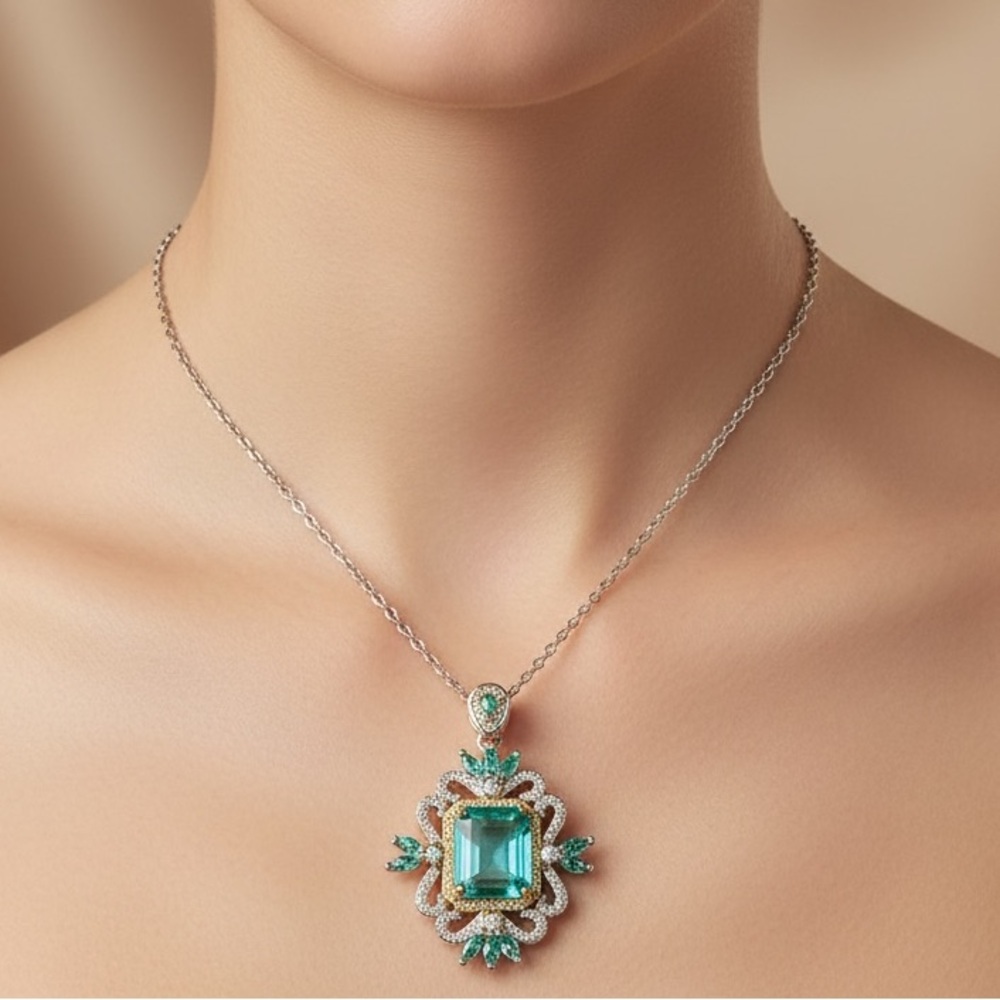 Blue Topaz Sterling Silver Zircon Pendant Charm Necklace